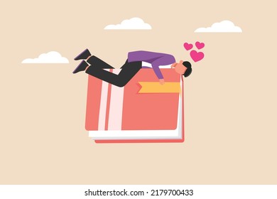 Young boy is lying on book standing upside down. Book lovers day concept. Colored flat cartoon vector illustration.