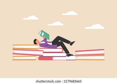 El niño está tendido en un montón de libros y libros de lectura. Concepto de día para los amantes del libro. Dibujo vectorial de dibujos animados planos de color.