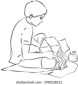 Young boy made  lantern he self black and white background.