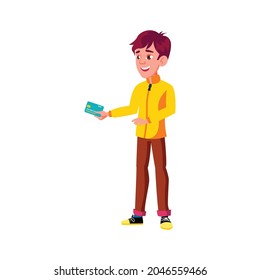 young boy make purchase and paying with credit card in store cartoon vector. young boy make purchase and paying with credit card in store character. isolated flat cartoon illustration