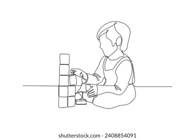 Young boy make tower building by lego toys. Children game concept. Vector continuous line.