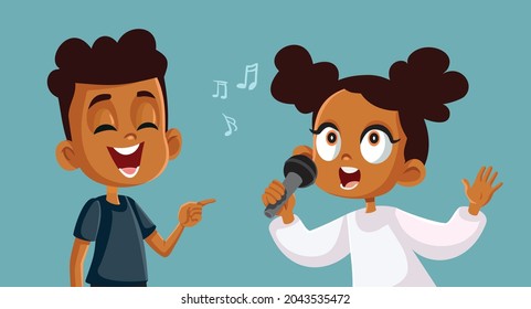 Young Boy Making Fun of Little Girl Singing Vector Cartoon

Male student mocking a teasing his friend for her artistic performance of a song at school 
