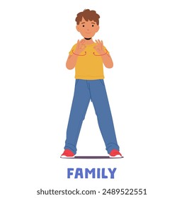 Young Boy Making The Sign For Family In American Sign Language. Cartoon Vector Character Expressing Connection And Love Through Sign Language, Standing Alone, Demonstrating This Important Sign