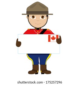 A young boy or man is dressed in a Canadian Mountie uniform and is holding a sign with a Canadian flag on it that looks like a giant letter. There is room for text