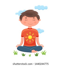 Young boy meditates in thoughts relaxing sitting at grass outdoors in lotus pose surrounded by clouds. Vector illustration colored flat isolated on white background