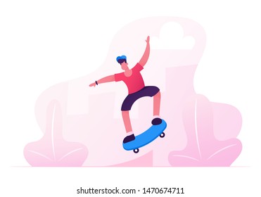 Young Boy in Modern Clothing and Cap Jumping on Skateboard. Skateboarder Male Character Outdoors Activity. Skateboarding People Making Stunts on Board in Skatepark. Cartoon Flat Vector Illustration