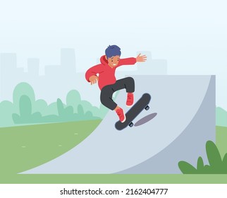 Young Boy in Modern Clothing Jumping on Skateboard. Skateboarder Preteen Child Male Character Outdoors Activity. Skateboarding Kid Making Stunts on Board in Skatepark. Cartoon Vector Illustration