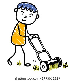 young boy mowing the lawn using manual lawn mower