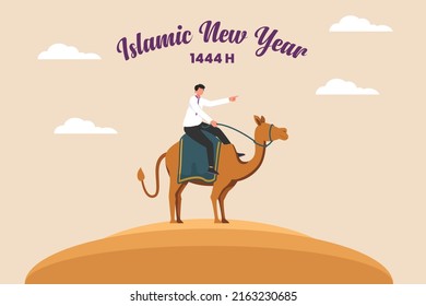 Young boy muslim riding with camel in desert. Happy Islamic New Year. Flat vector illustration isolated.