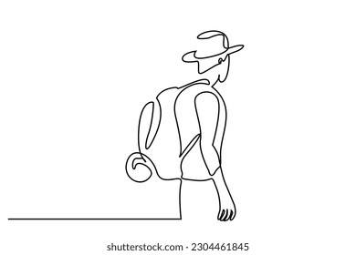 young boy nature camping backpack adventure portrait line art