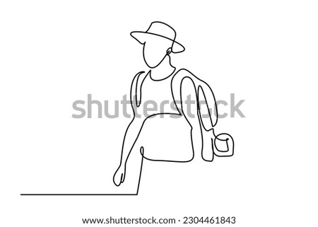 young boy nature camping backpack adventure portrait line art