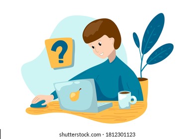 Young boy with notebook and tea cup at work desk. Distant online learning process. Online school concept. New normal for student. Student boy search for information in internet. Work desk and laptop