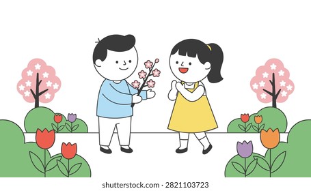 Young boy offering a small flowering branch to a smiling girl in a colorful garden filled with tulips and spring trees.