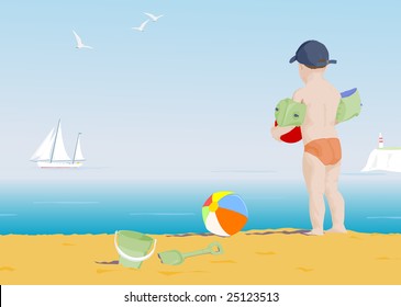 young boy on a beach watching a boat sail by