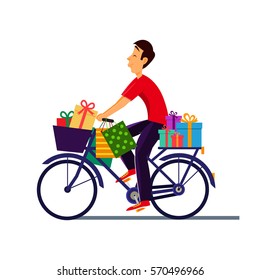 Niño en bicicleta con regalos. Entrega, mensajero con regalos. Ilustración vectorial.