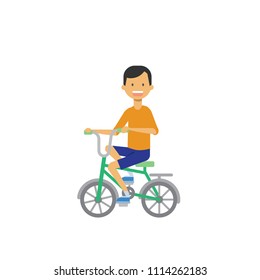 young boy on bicycle over white background. cartoon character. full length, flat style