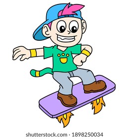 a young boy on a rocket flying skateboard, doodle draw kawaii. vector illustration art