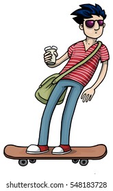 young boy on skateboard, vector illustration character, isolated on white