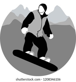 Young boy on snowboard against the backdrop of the mountains vector illustration. Flat design, icons, buttons, symbols, logos.