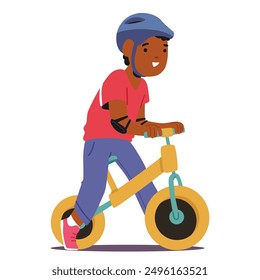 Muchacho Joven En Una Bicicleta Amarilla. El Personaje De Un Niño Afroamericano Lleva Un Casco Y Coderas, Lo Que Subraya La Importancia De La Seguridad Mientras Disfruta De La Diversión De Montar. Ilustración vectorial de Personas de dibujos animados