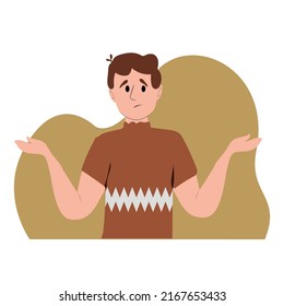 young boy with open arms with doubt. Person questioning and questioned pensive pondering doubting. Flat illustration isolated on white background.