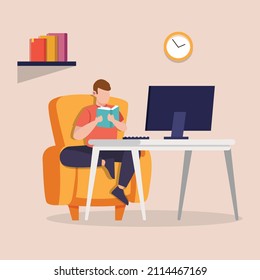 Niño abierto y leyendo libros en el sofá de la casa. concepto de diseño plano. Ilustración vectorial.