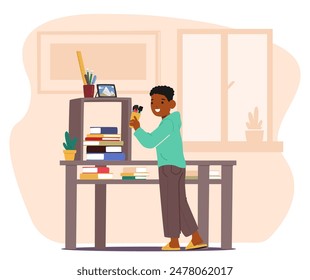 Young Boy Organizing Books And Stationary On A Desk In A Clean And Tidy Room. Cartoon Vector Concept Of Cleanliness, Organization, And Personal Responsibility In Bright And Cheerful Atmosphere