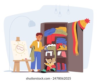 Young Boy Organizing A Messy Closet In His Bedroom, Surrounded By Clothing And Shoes. Cartoon Vector Scene Emphasizes Tidiness, Responsibility And Home Organization. Bright And Cheerful Illustration