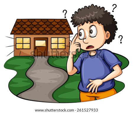 Young boy outside the lighted house on a white background