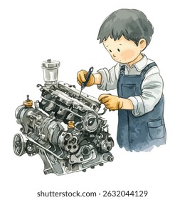A young boy in overalls, wearing work gloves, meticulously works on a complex engine. The engine components are depicted in a detailed, artistic style.