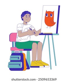 Jovem menino pintando coruja sobre tela com cavalete 2D personagem de desenho animado. Estudante de estúdio de arte. Lápis de escola preto segurando vetor plano isolado da pessoa no fundo branco. Ilustração especial colorida