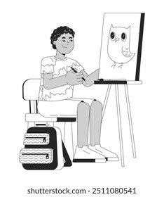 Jovem menino pintando coruja sobre tela com cavalete preto e branco personagem linha 2D. Estudante de estúdio de arte. Lápis de escola preto segurando isolada pessoa contorno vetor. Ilustração de ponto monocromático