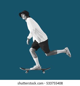 Young boy in a panama hat rides on a skateboard. Black and white vector illustration