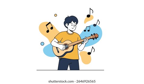 Um menino toca apaixonadamente seu violão cercado por notas musicais e formas abstratas coloridas ilustrando uma melodia vibrante