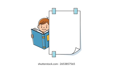 A young boy peeking from behind a blank sheet of paper while reading an open book with a blue cover on a white background
