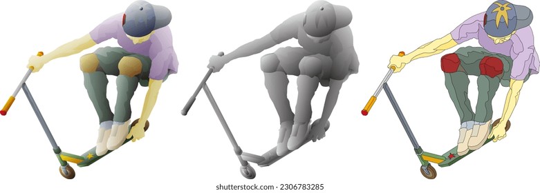 Young boy perform an aerial stunt with a kick scooter bike, isolated against white. 3D vector illustration.