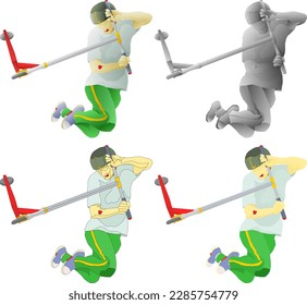 Young boy perform a jump stunt with his stunt scooter bike, isolated against white. 3D vector illustration.