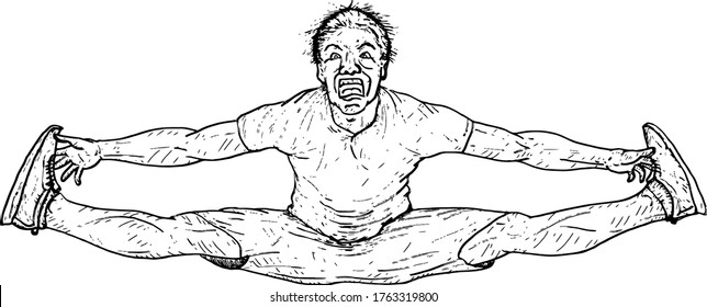 A young boy performing a jumping split. Hand drawn vector illustration.