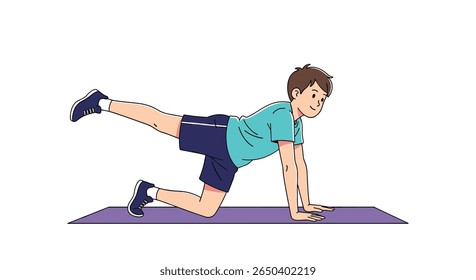 Young boy performing a leg lift exercise on a yoga mat engaging core muscles for a stronger back and improved posture