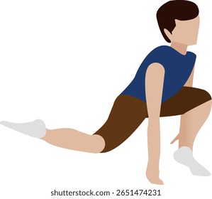 Menino realizando a pose de ioga do pulmão baixo. Ilustração vetorial de alongamento de crianças e flexibilidade de construção.