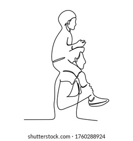 Young boy piggyback riding his dad. Continuous one line drawing art vector illustration