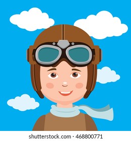 Young Boy Pilot Against Sky Background. Retro Vector Illustration. Boy Pilot Hat Vector.