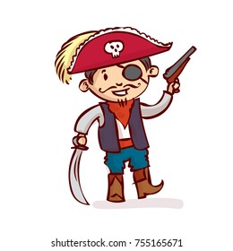 Young boy in a pirate carnival suit. Hand drawn cartoon vector illustration