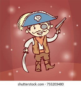 Young boy in a pirate carnival suit. Hand drawn cartoon vector illustration