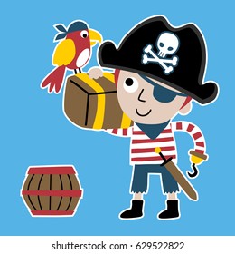 Young boy in pirate costume carrying treasure chest with parrot and wooden barrel, vector cartoon illustration