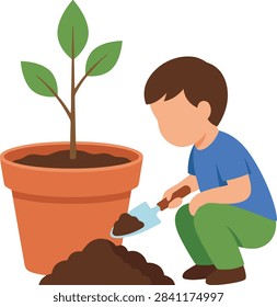 Young boy planting a small tree in a clay pot