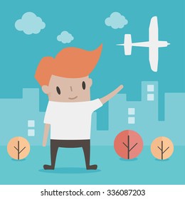 Young boy play with biplane outdoor. Vector flat design illustration.