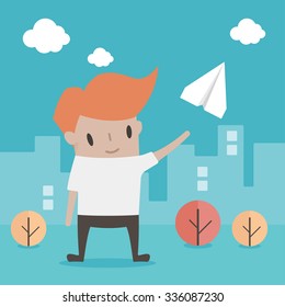 Young boy play with paper airplane outdoor. Vector flat design illustration.