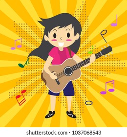 Young boy playing Acoustic guitar. Happy Love music on colorful Background.character design. pop art ,comics,halftone,cartoon style for.poster, greeting card, party invitation, banner other users