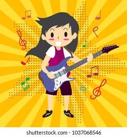 Young boy playing Acoustic guitar. Happy Love music on colorful Background.character design. pop art ,comics,halftone,cartoon style for.poster, greeting card, party invitation, banner other users